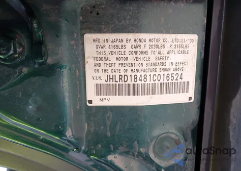 2001 Honda Cr-V Lx from USA, damaged, VIN JHLRD18481C016524